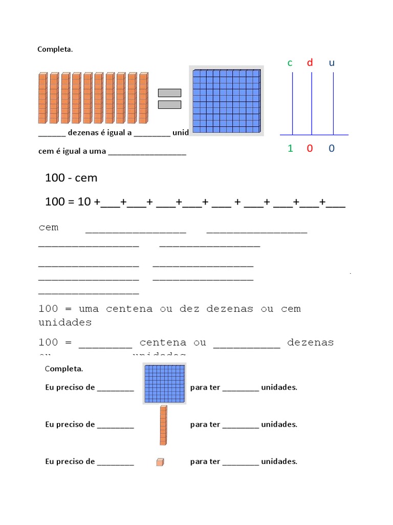 Representação numérica de 100 em unidades, dezenas e centenas | PDF ...