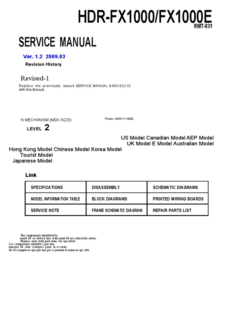 Sony Hdr-fx1000, Fx1000e Service Manual Level 2 Ver 1.2 2009.03 Rev-1  (9-852-622-33) | PDF | Pixel | Compact Cassette