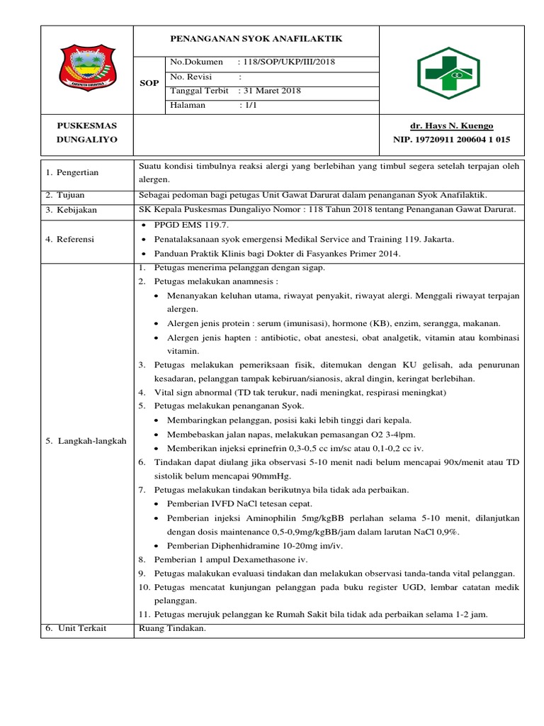 Sop Penanganan Syok Anafilaktik