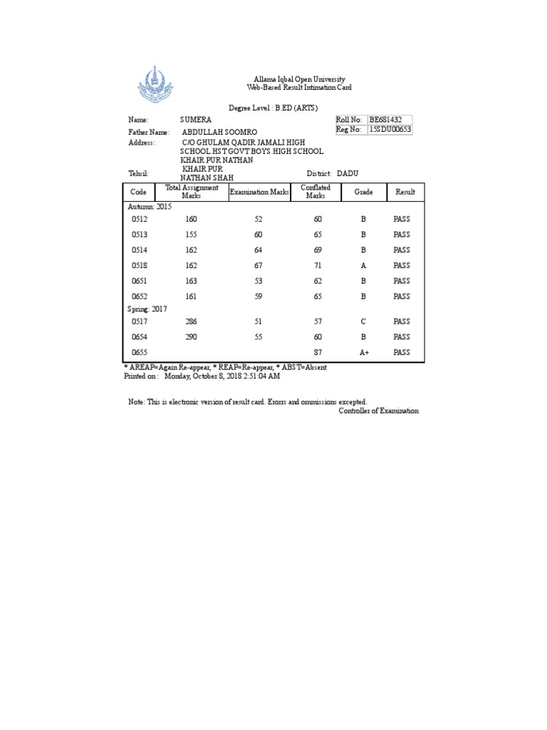 Aiou online web based result pdf
