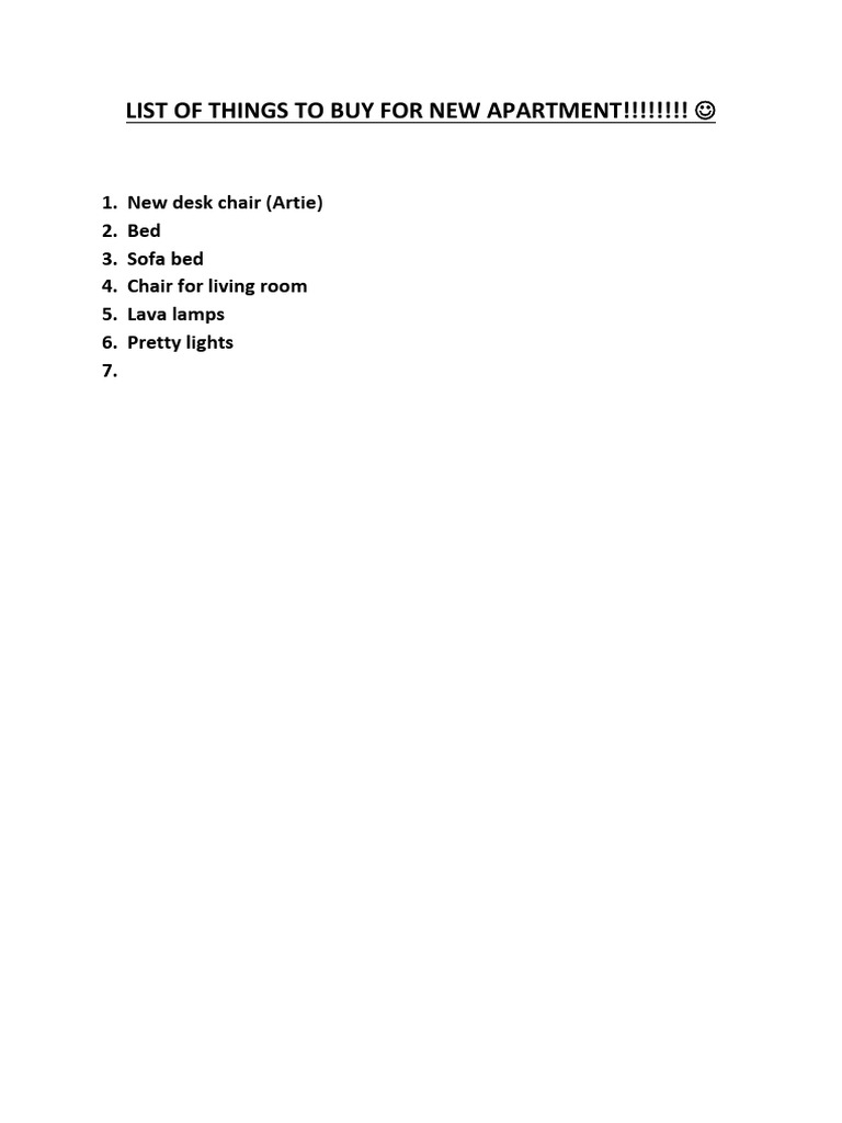 List of Things To Buy For New Apartment!!!!!!!! PDF