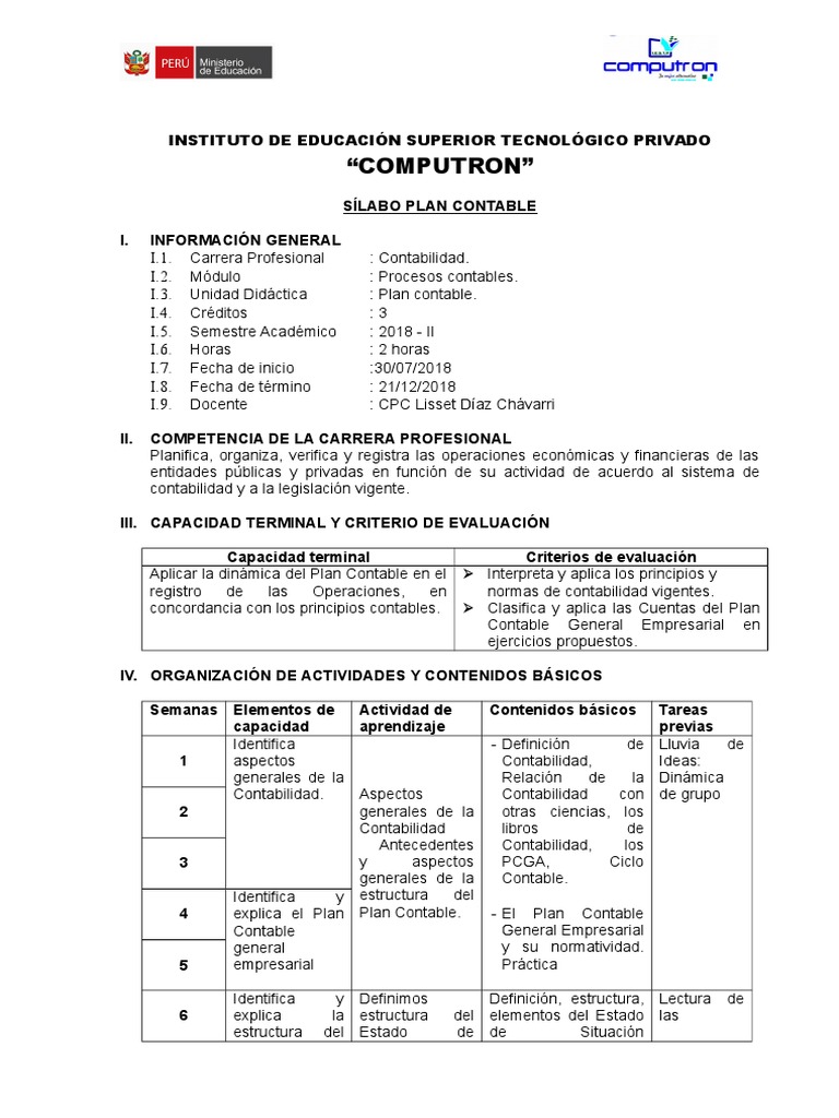 Sílabo de Plan Contable en Contabilidad | PDF | Contabilidad | Evaluación