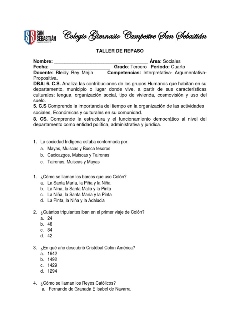 Taller de Repaso Sociales 4 Periodo | PDF | Américas | Colombia