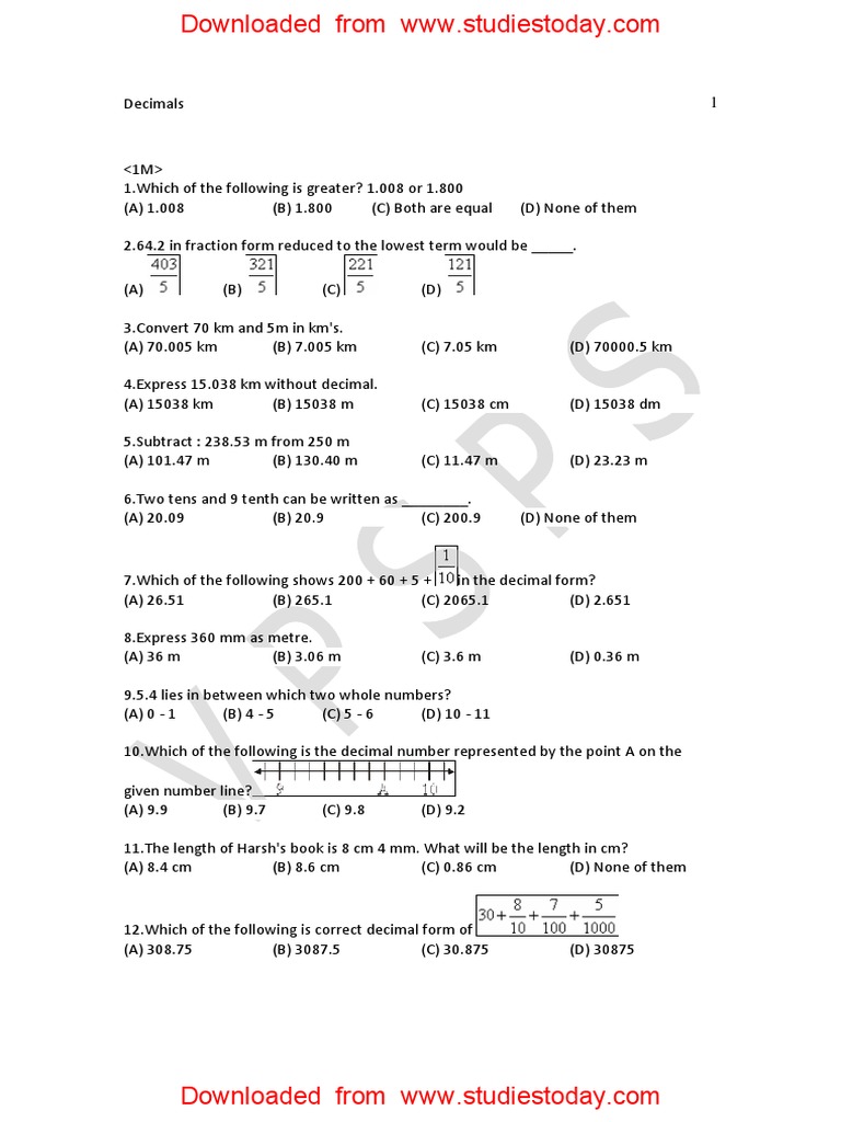 CBSE Class 6 Mathematics Decimals Worksheet PDF Decimal Fraction