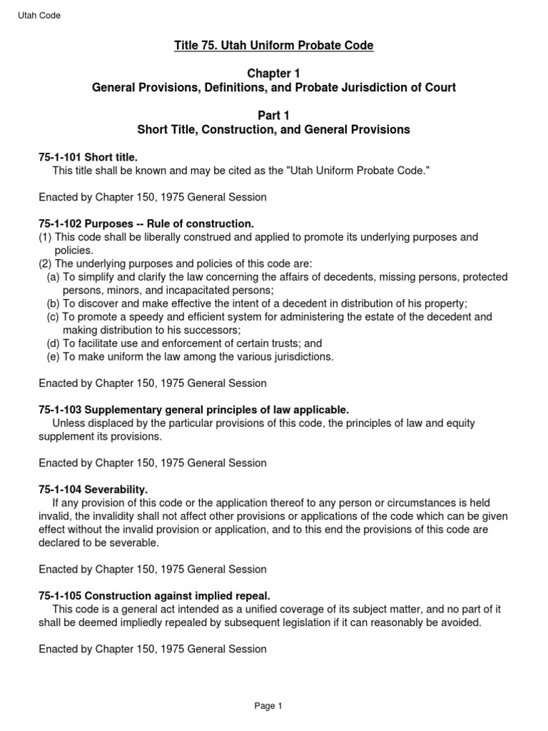Utah Uniform Probate Code | PDF | Trust Law | Will And Testament