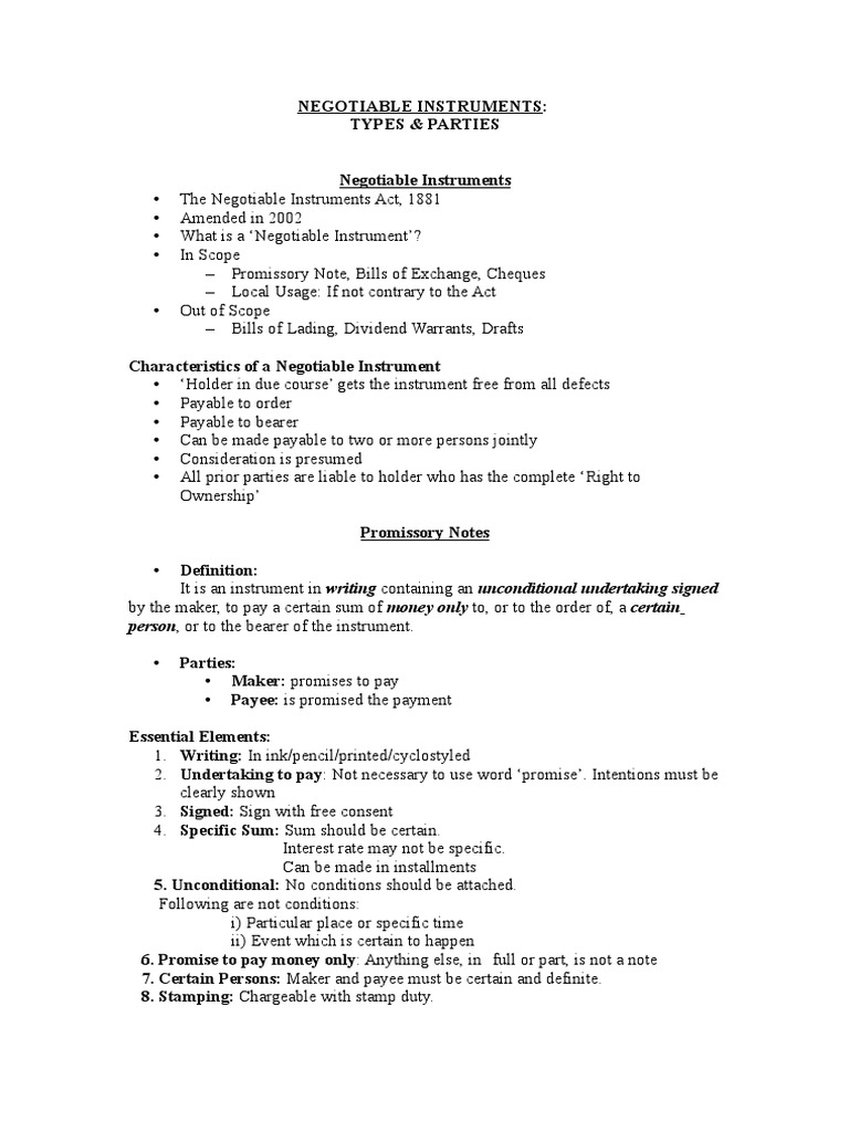 Notes-Negotiable Instruments | PDF | Negotiable Instrument | Cheque
