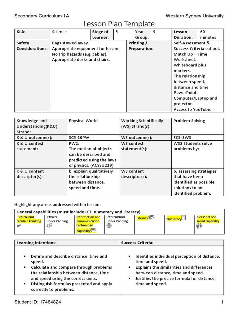 Science Lesson Plan: Speed, Distance, Time | PDF | Pedagogy ...