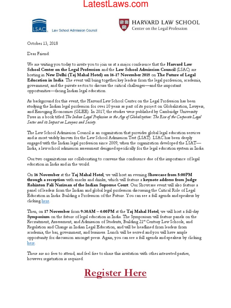 Harvard Law School Center On The Legal Profession India Invite | PDF ...