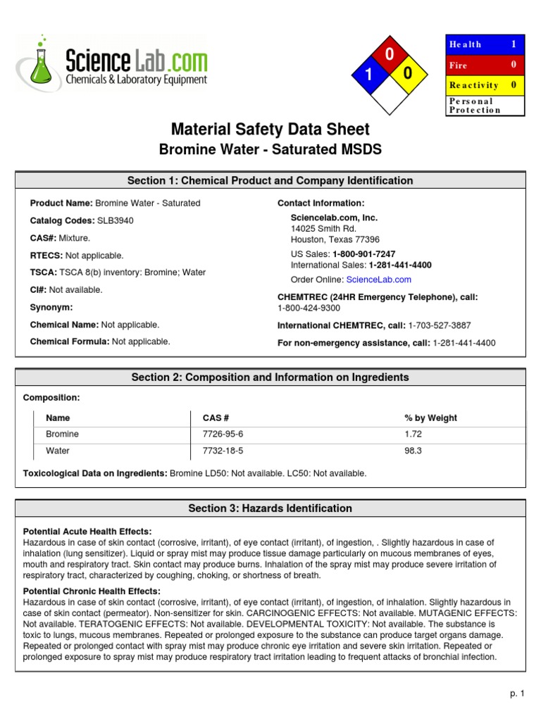 Bromine Water Saturated MSDS Section 1 Chemical Product and Company