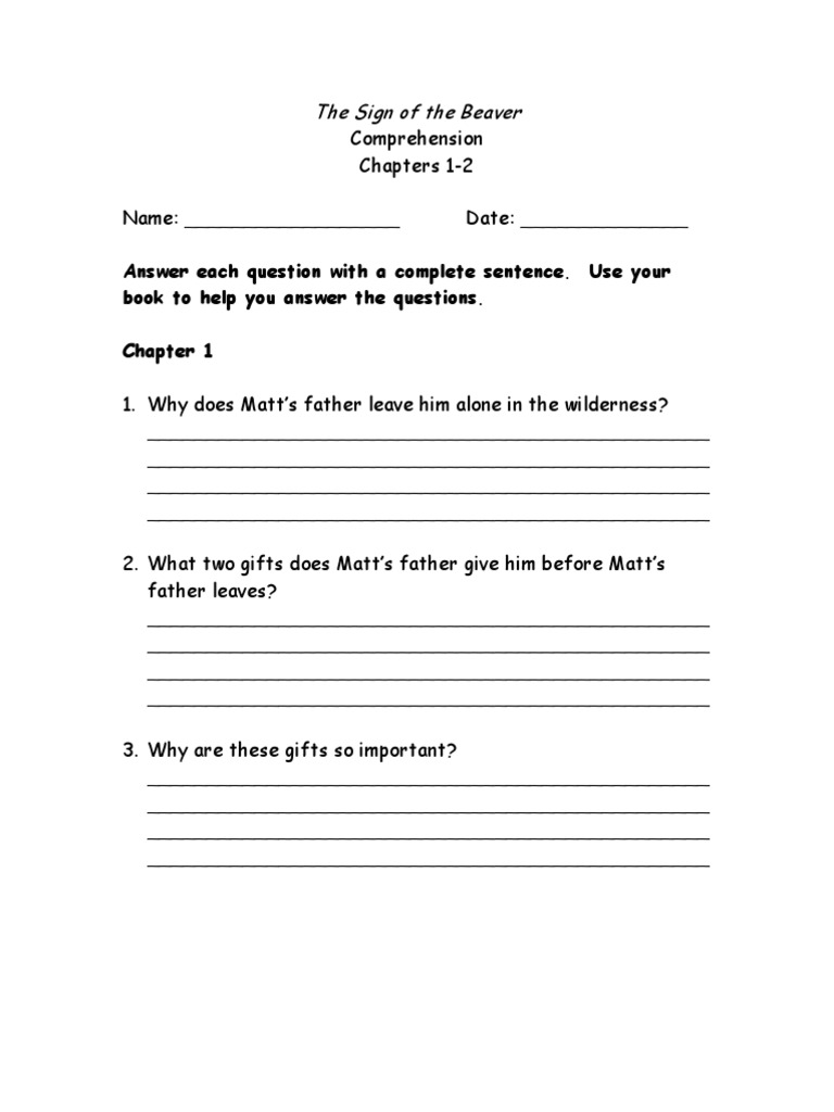 The Sign of The Beaver Answer Each Question With A Complete Sentence