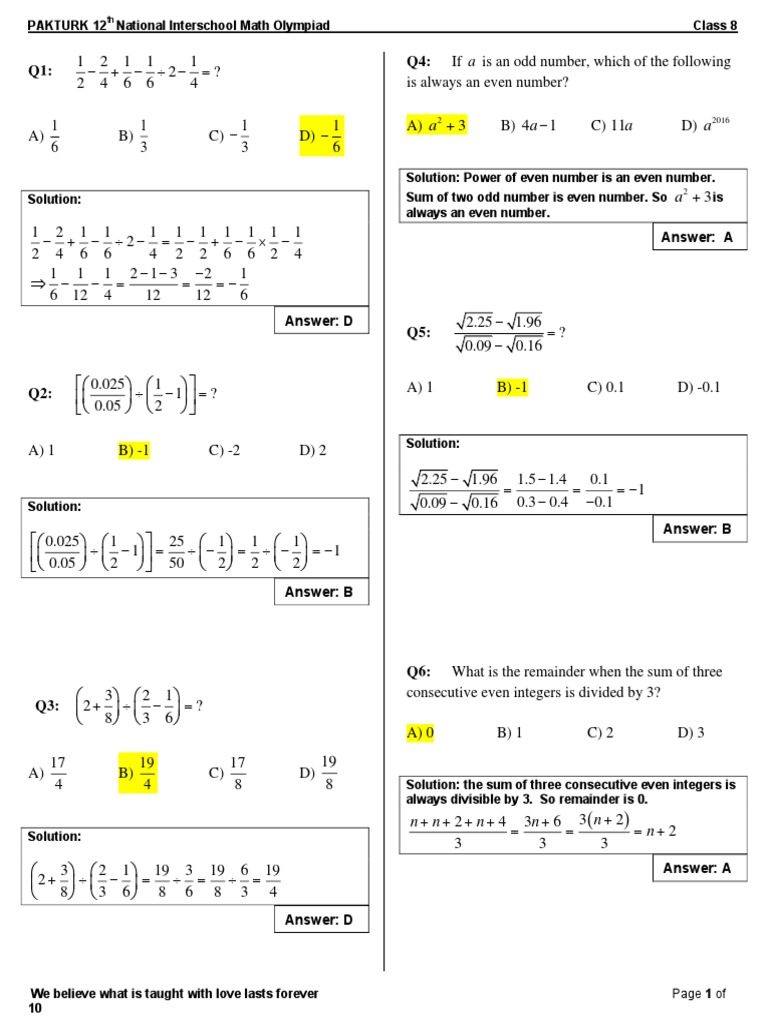 Class 8 Math Olympiad Questions & Solutions | PDF | Area | Numbers