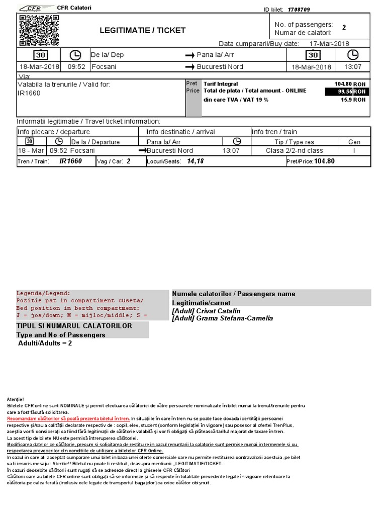 CFR Calatori Train Ticket Details | PDF
