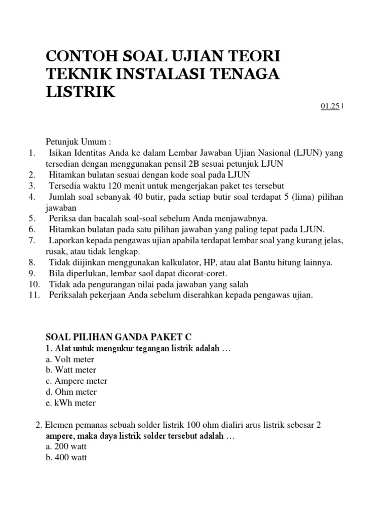341464970 304934827 Contoh Soal Ujian Teori Teknik Instalasi Tenaga Listrik Docx