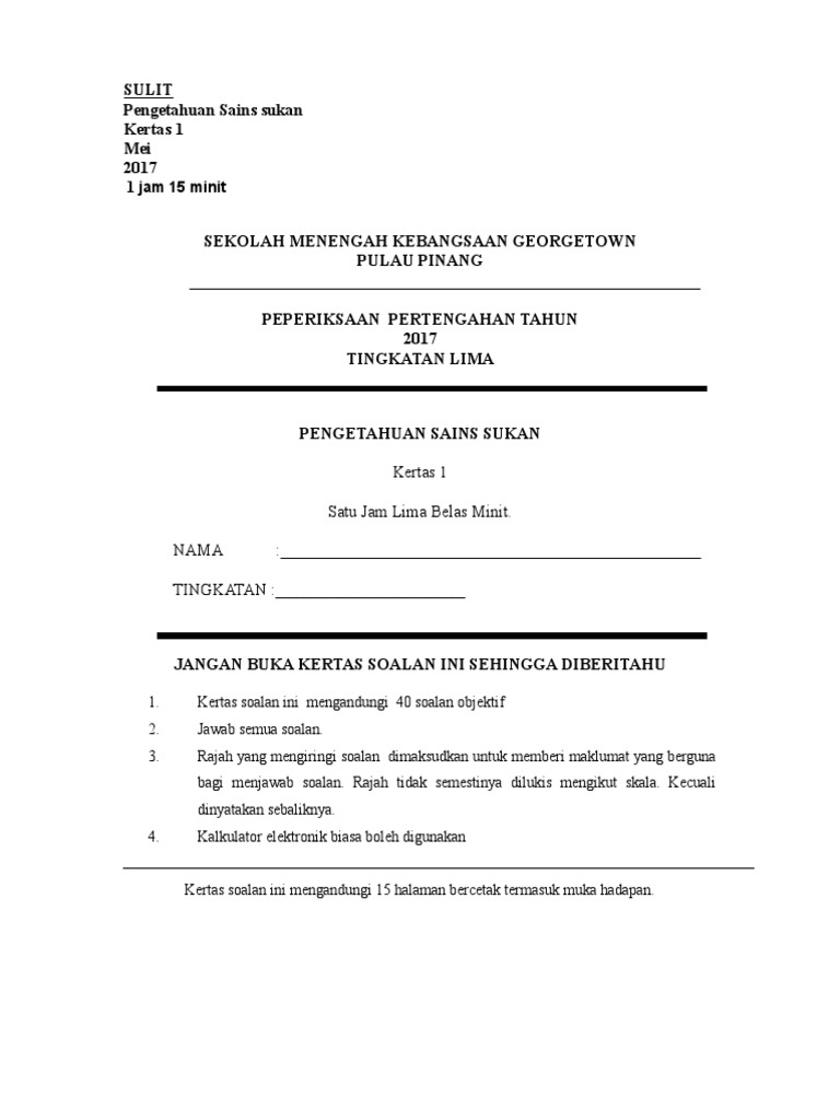 Soalan Pertengahan Tahun Sains Sukan Kertas 1 Pdf