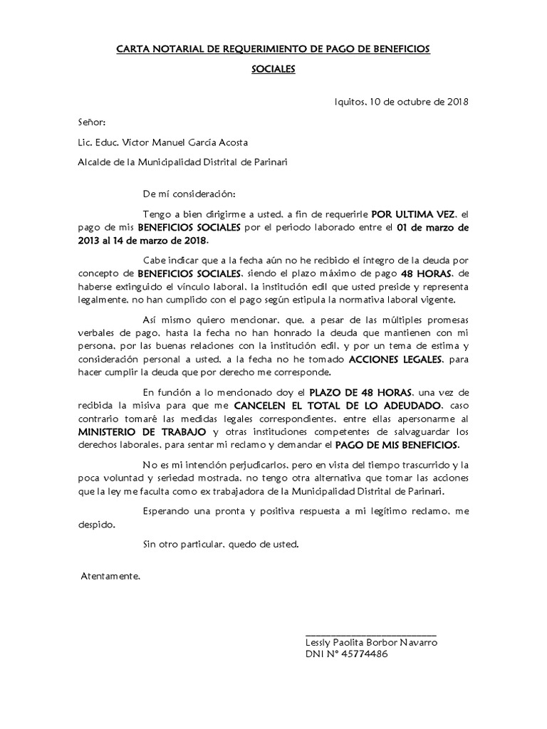 Carta Notarial de Requerimiento de Pago de Beneficios - Paolita - Borbor |  PDF