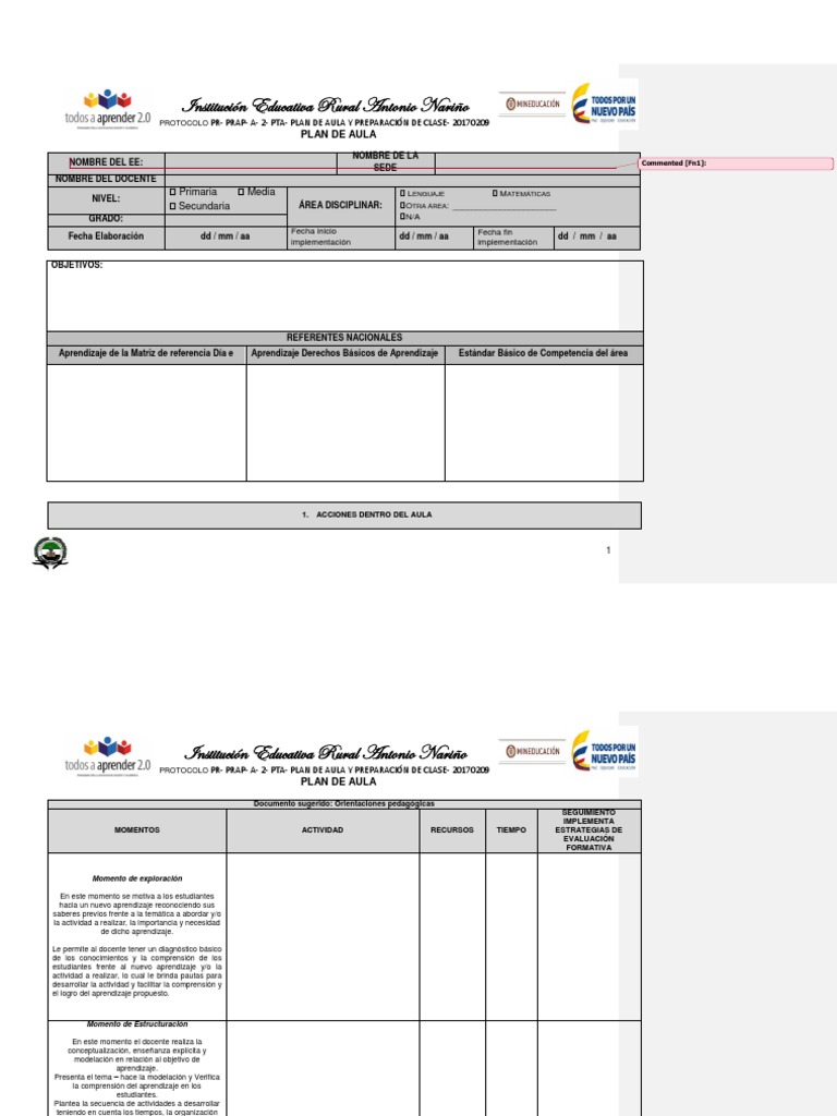 Formato Plan de Aula | PDF | Salón de clases | Maestros