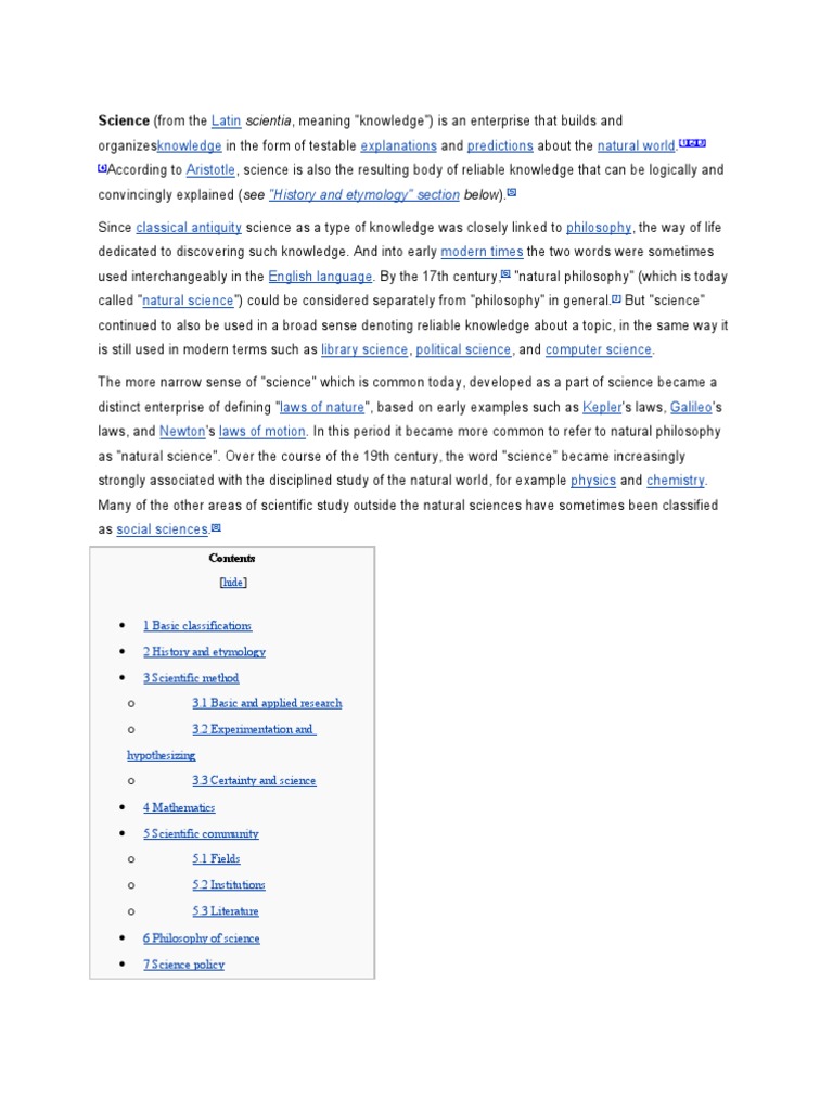 Science (From The "History and Etymology" Section PDF Natural