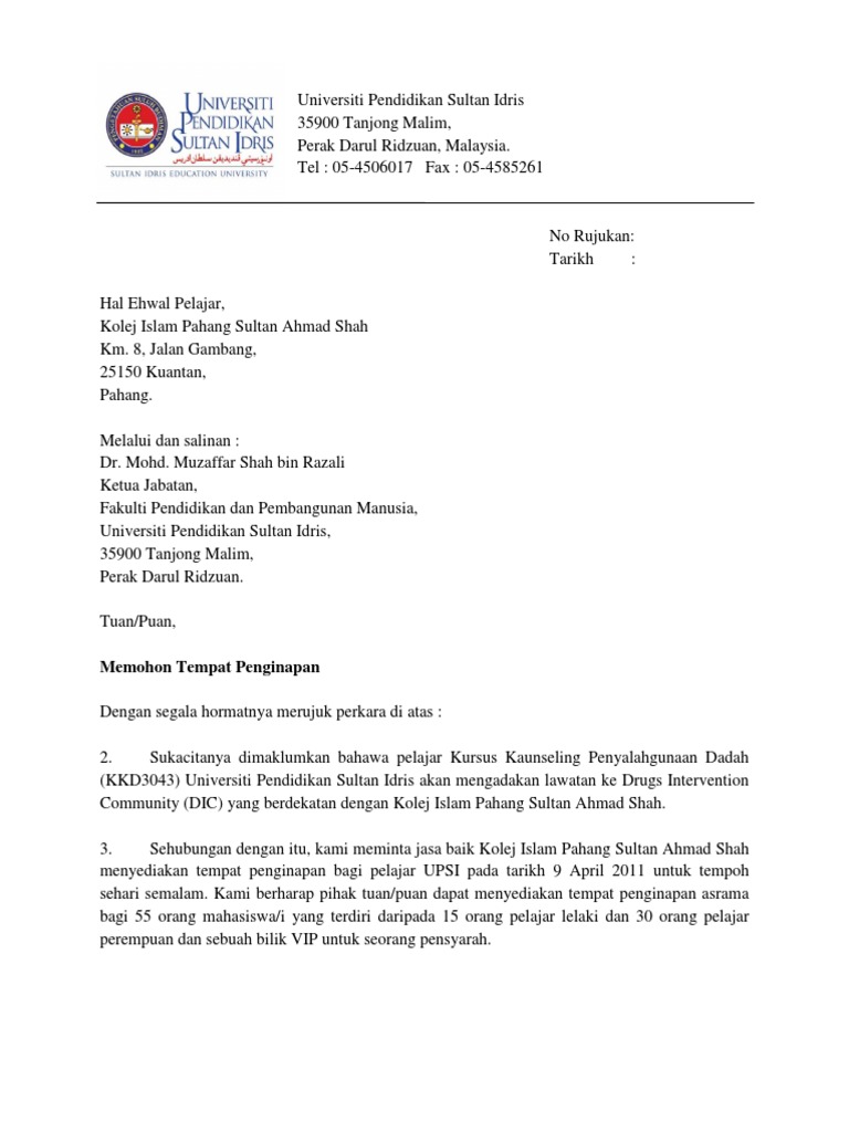 Cth Surat Permohonan Penginapan Pdf
