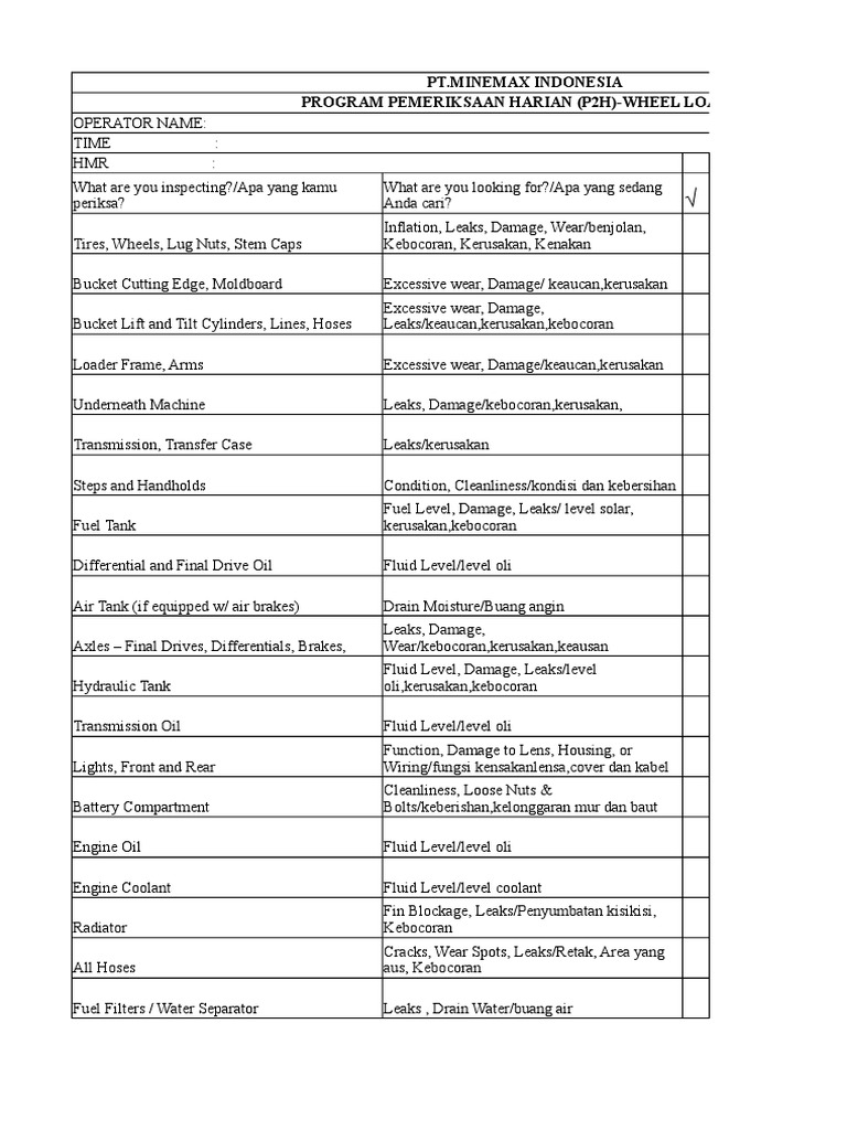 Safety & Maintenance ChecklistWheel Loaders PDF