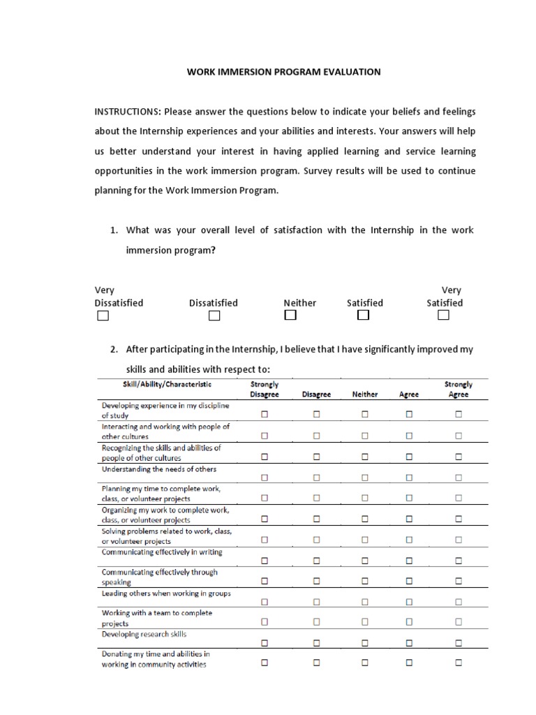 Work Immersion Program Evaluation | PDF | Service Learning | Quality Of ...