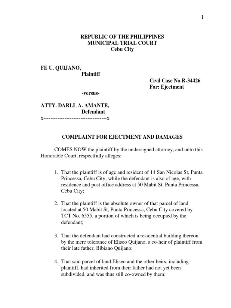 Quijano v. Amante: Ejectment Case Summary | PDF | Lawsuit | Complaint