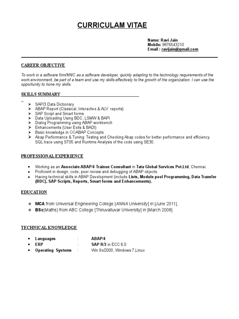 SAP ABAP Developer Resume Format | PDF | Invoice | Areas Of Computer ...