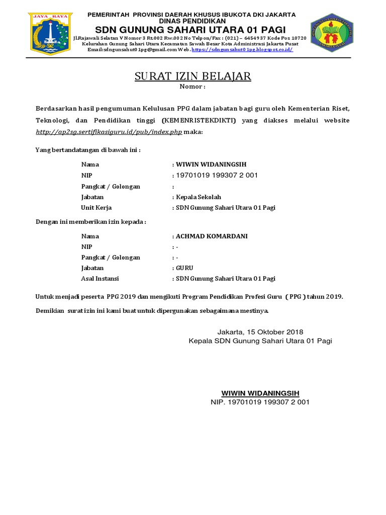 Surat Ijin Belajar Mengikuti Ppg 2019