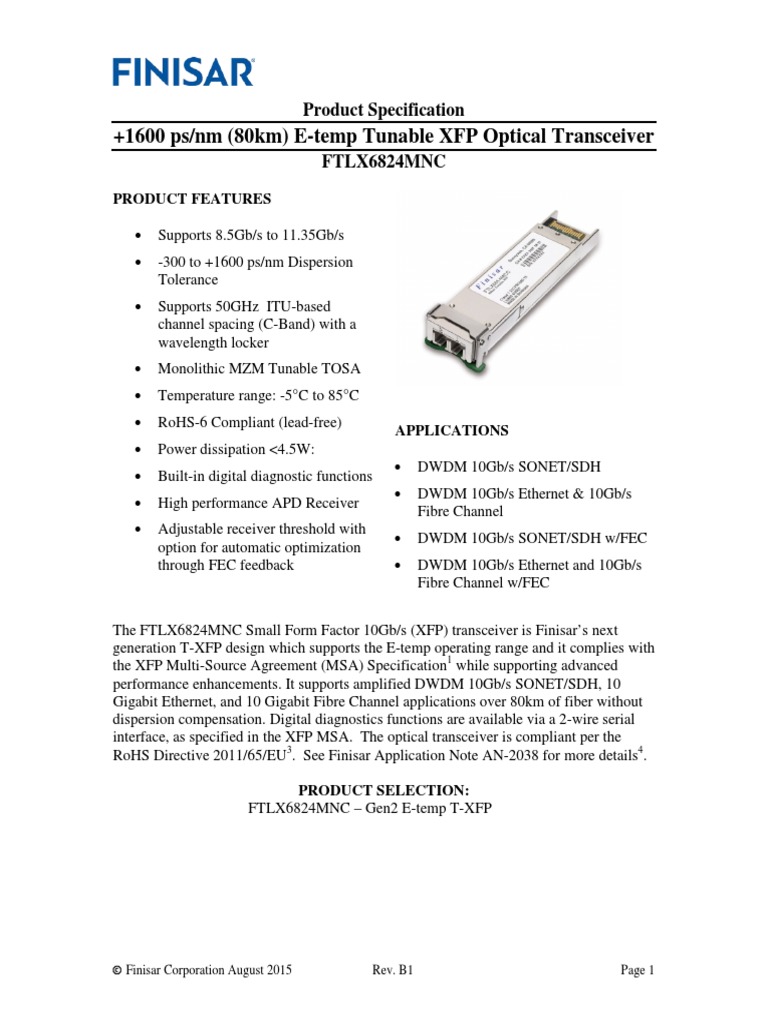 Finisar Ftlx6824mnc 1600 Ps NM 80km e Temp Tunable XFP Optical ...