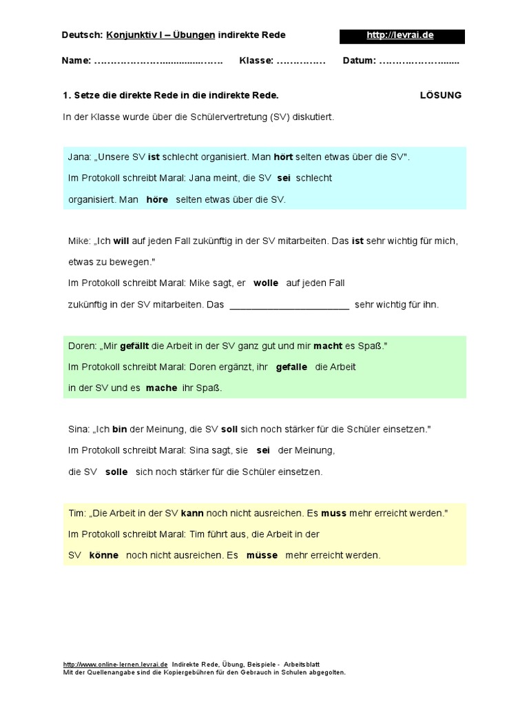Indirekte Rede Arbeitsblatt
 11 Indirekte Rede Uebung Arbeitsblatt Loesung