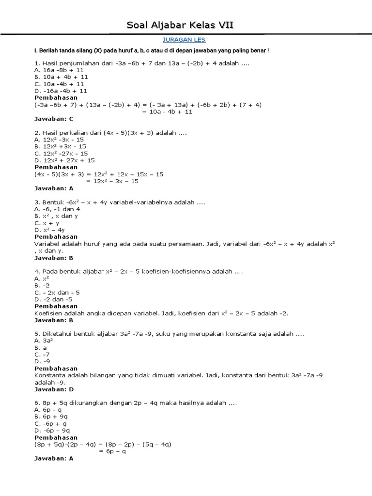 Contoh Soal Soal Matematika Kelas 7 Juragan Les