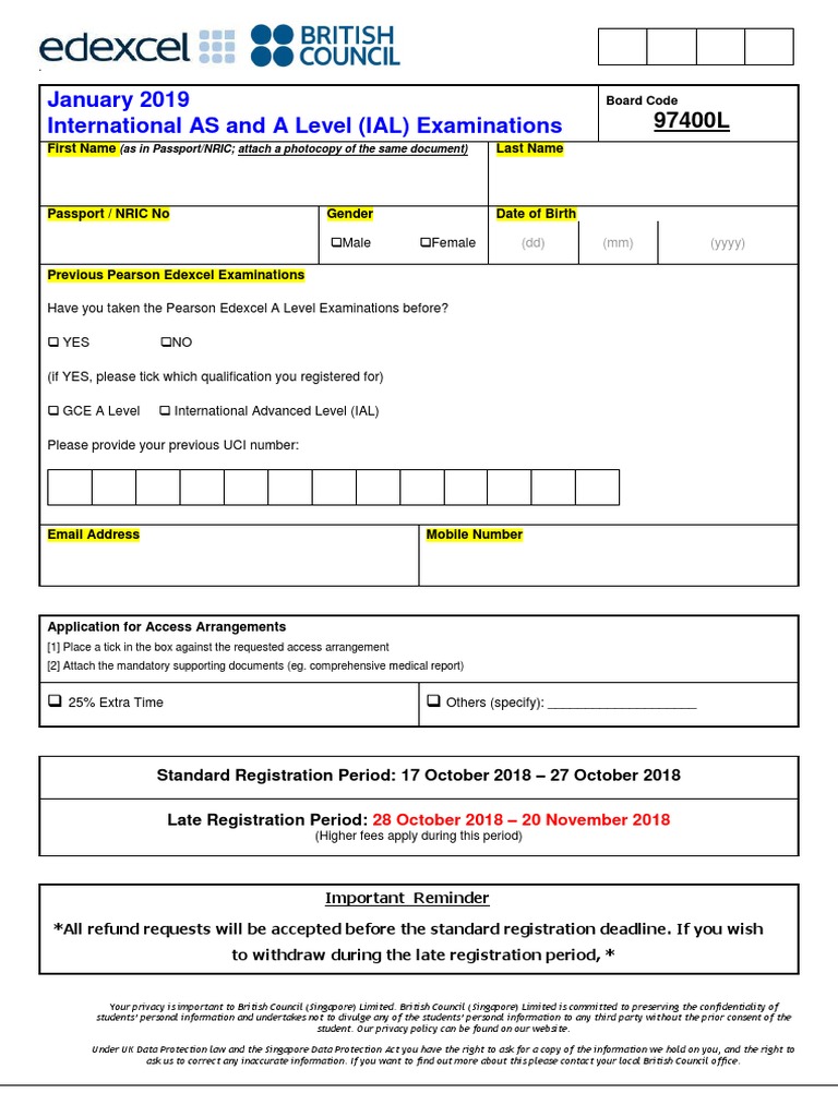 Edexcel Ial January2019 Registration Form Final 2 | PDF | Personally ...