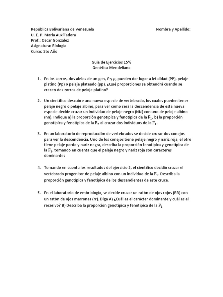 Guia de Ejercicios 5to Año | PDF | Fenotipo | Dominancia (Genética), image size:768x1024