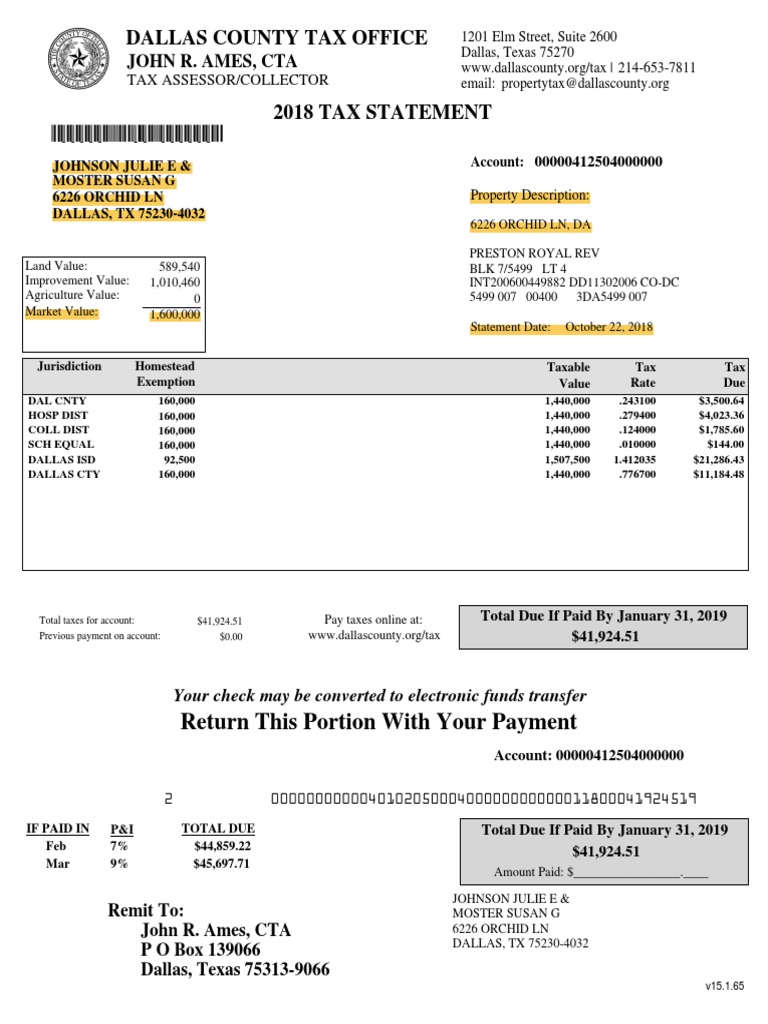 Dallas County Property Tax Statement 2018 | PDF | Taxation In The ...