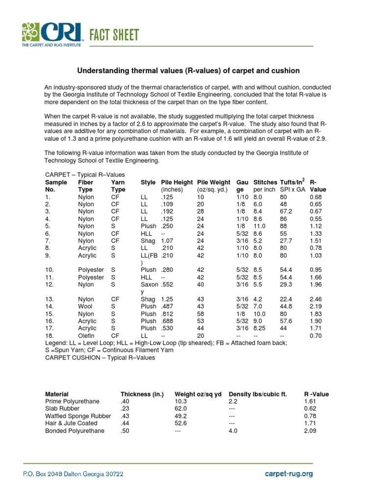 Carpet & Cushion R-Values Guide | PDF | Carpet | Yarn