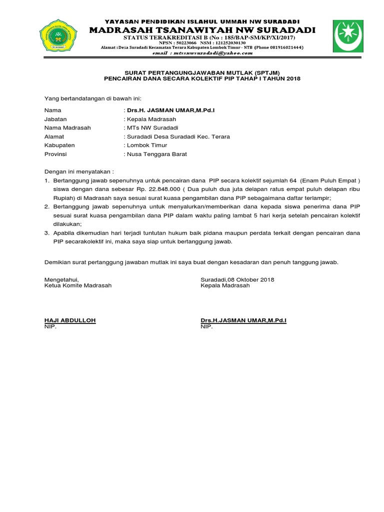 Sptjm Pip 1 2018 Surat Kolektif Contoh Format SPTJM Untuk PIP BSM.