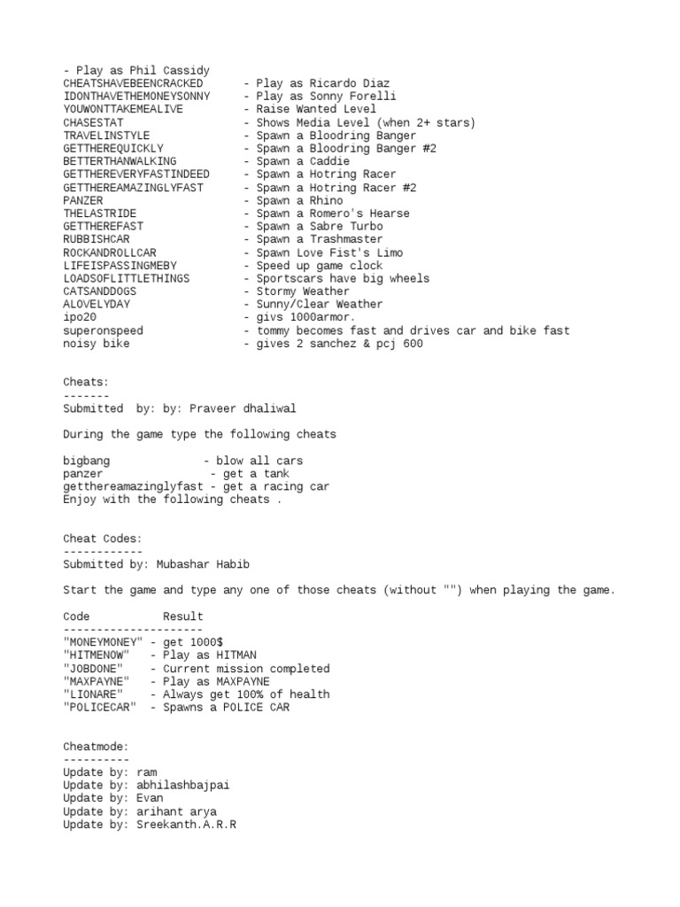 Gta Vice City Cheat PDF Vehicles Land Vehicles