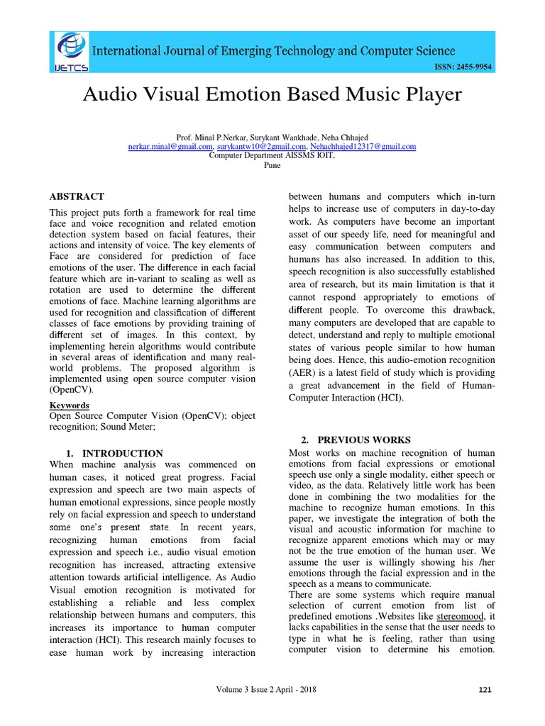 Audio Visual Emotion Based Music Player | PDF | Computer Vision | Emotions
