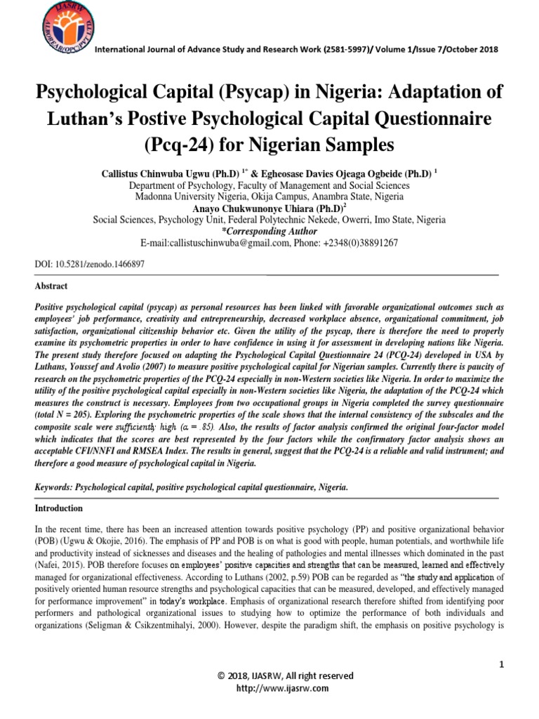 Psychological Capital (Psycap) in Nigeria Adaptation of Luthan's ...