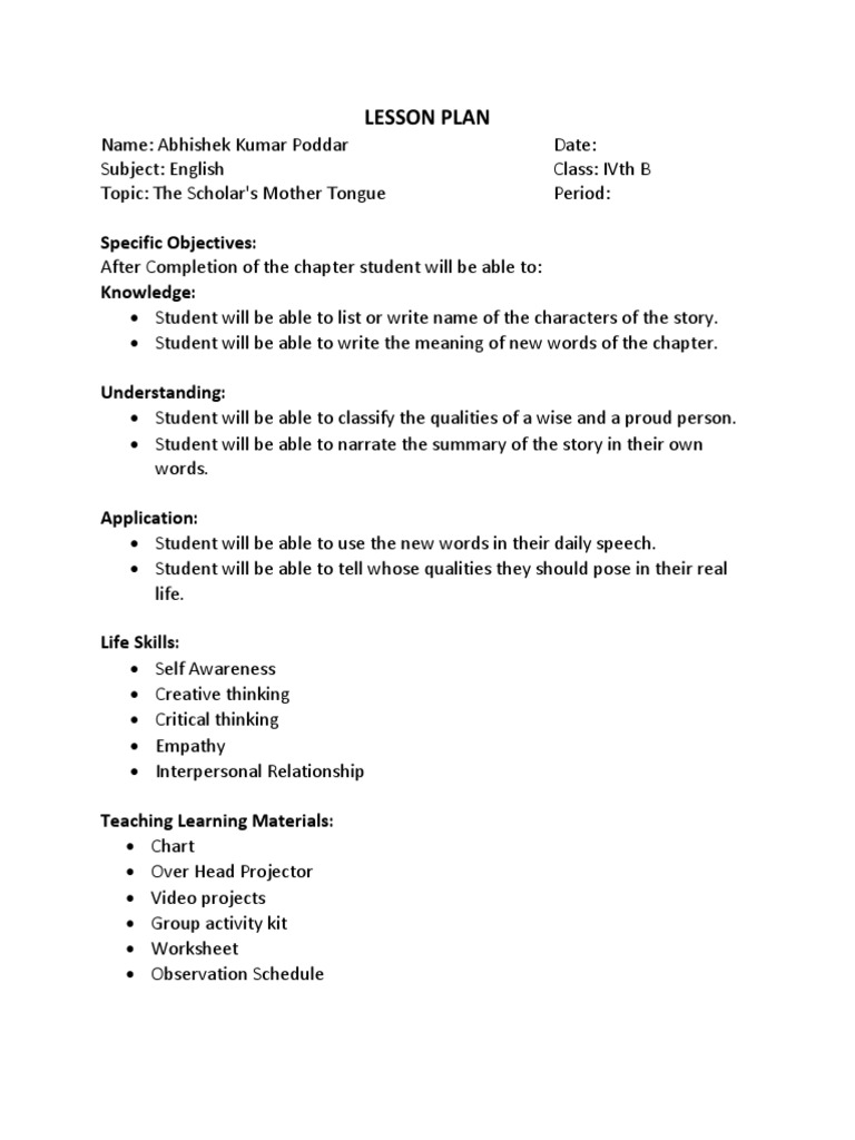 Lesson Plan: Specific Objectives: Knowledge | PDF | Question | Teaching ...