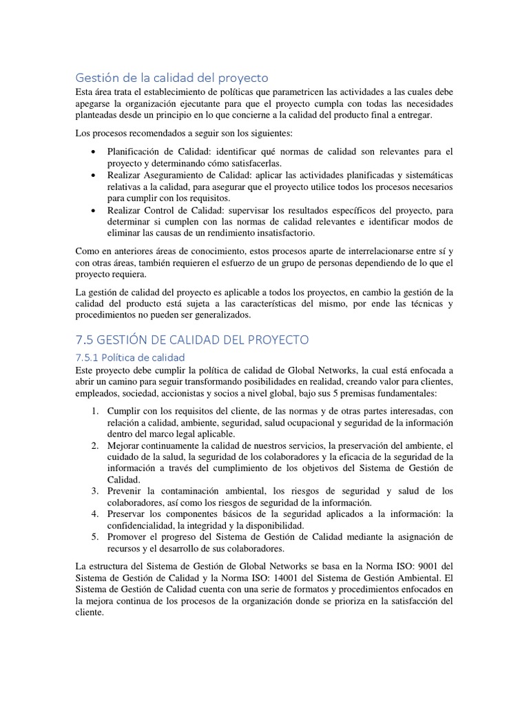 Gestión de Calidad del Proyecto | PDF | Gestión de la calidad | Calidad ...