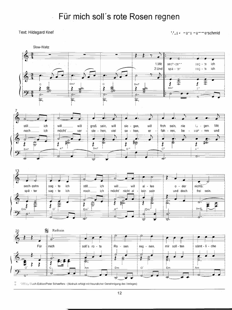 Hildegard Knef Fur Mich Soll S Rote Rosen Regnen Sheet Music