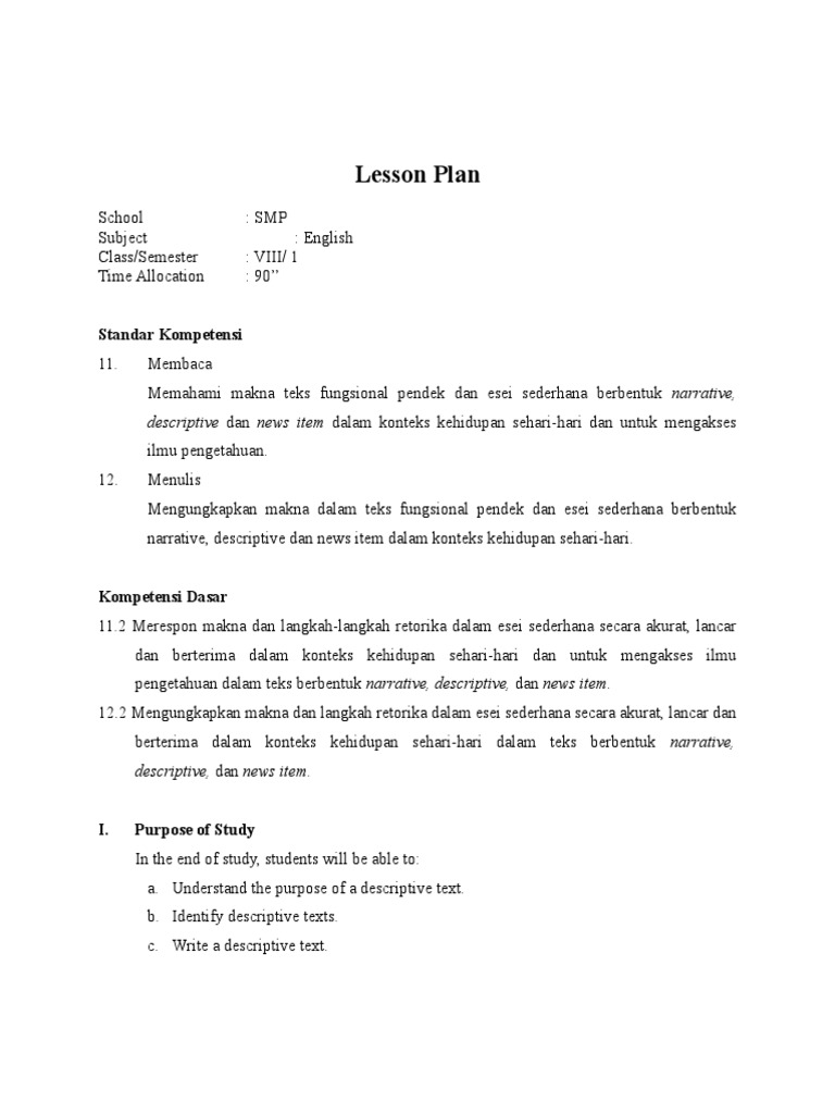 Descriptive Text Lesson Plan for SMP | PDF | Lesson Plan | Teachers
