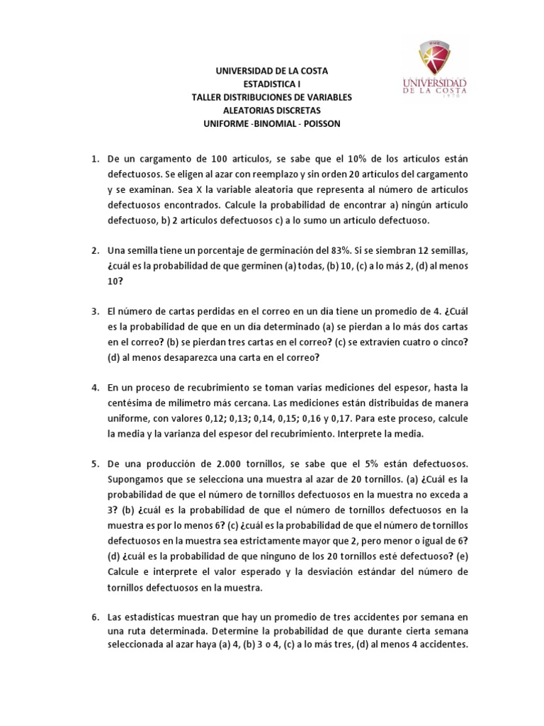 Universidad de La Costa Va Discretas Distribuciones. PDF Muestreo