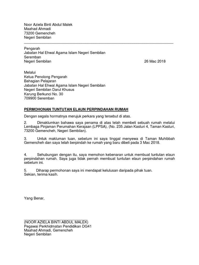 Contoh Surat Elaun Pindah Rumah Kerajaan Pdf