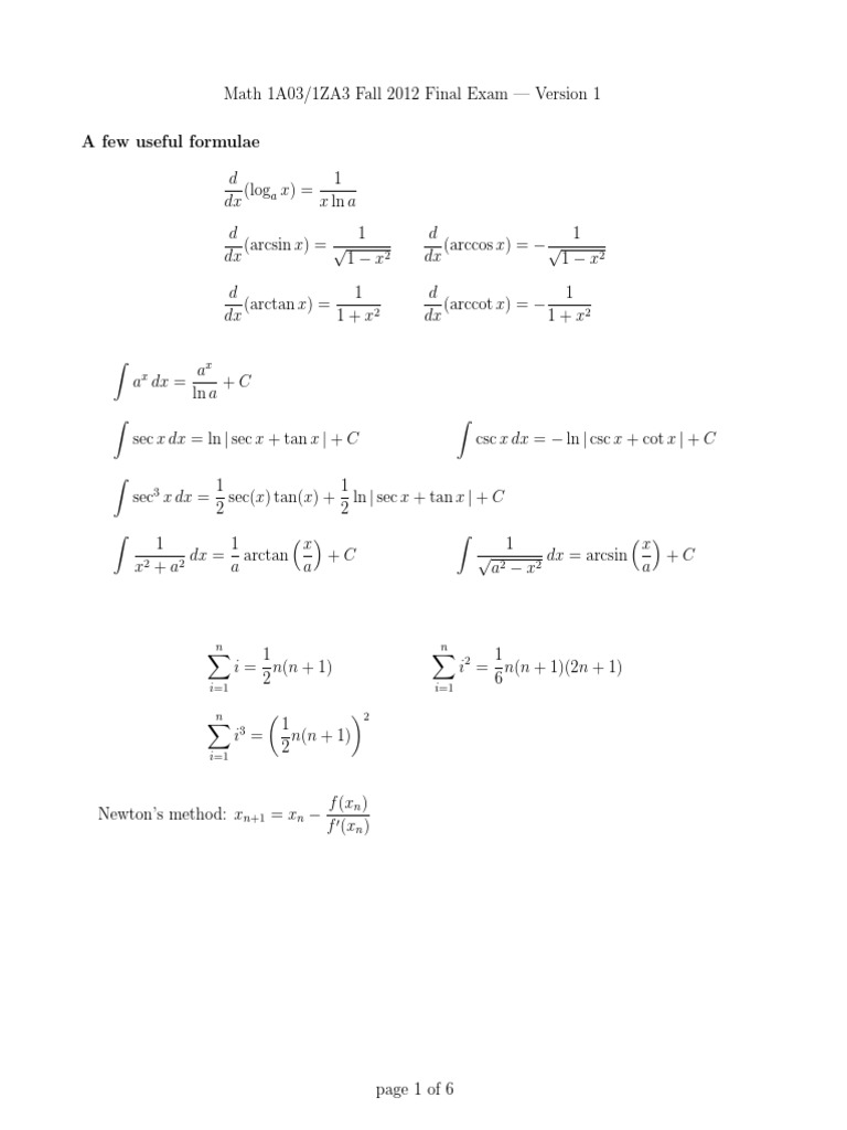 Math 1A03/1ZA3 Final Exam Formulas | PDF