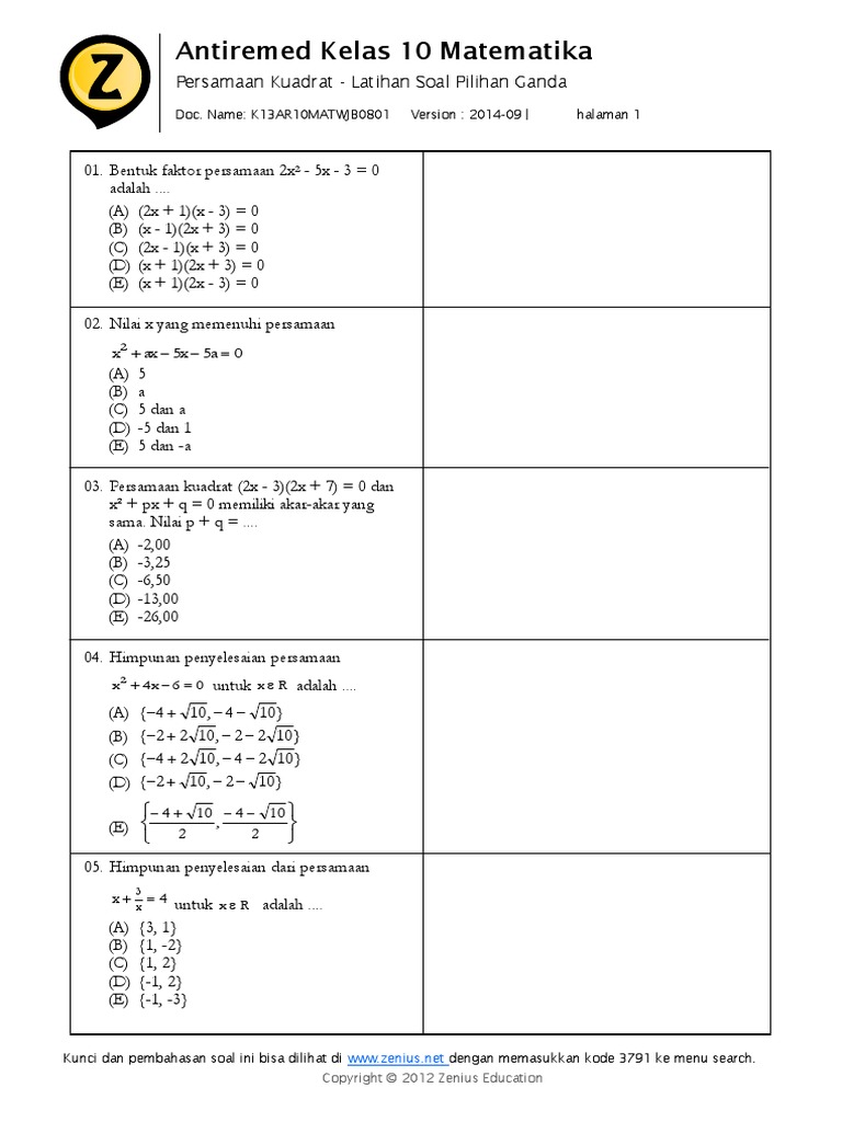 Soal Persamaan Kuadrat
