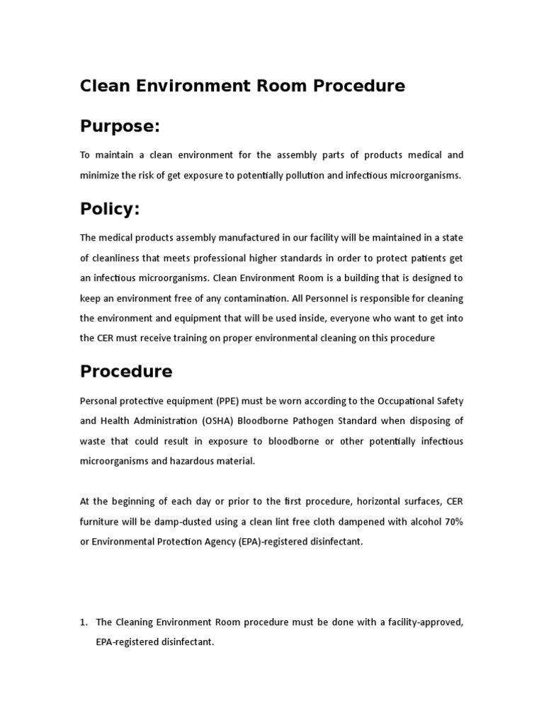 Clean Environment Room Protocol | PDF
