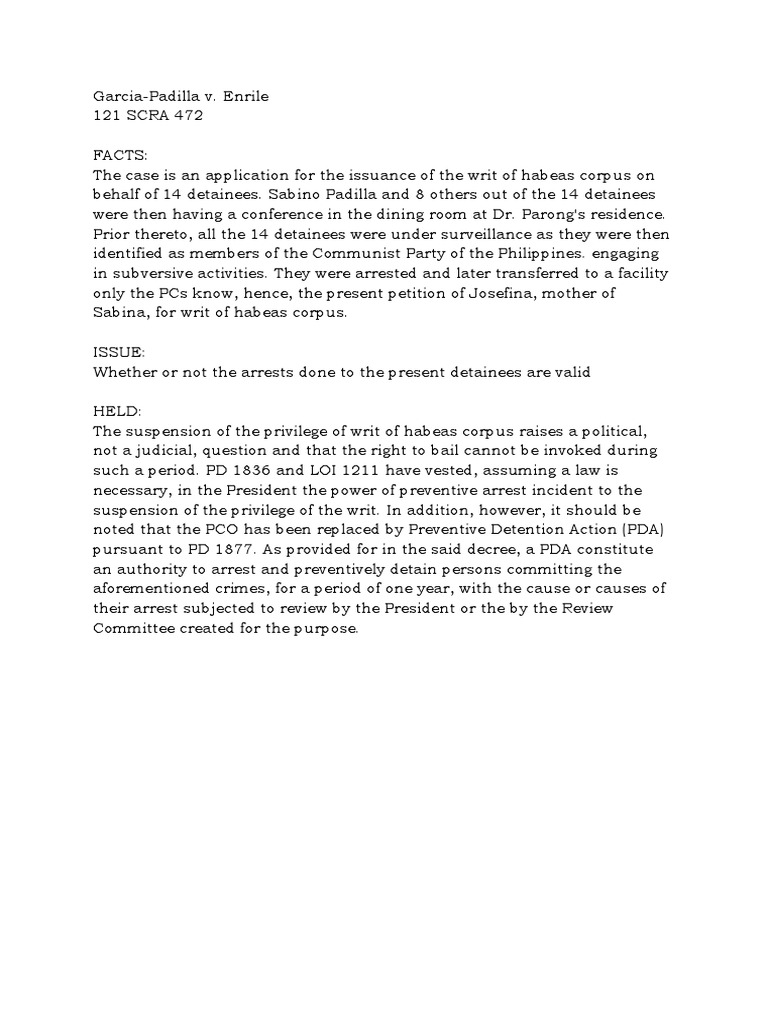 Garcia padilla v enrile case digest pdf habeas corpus arrest