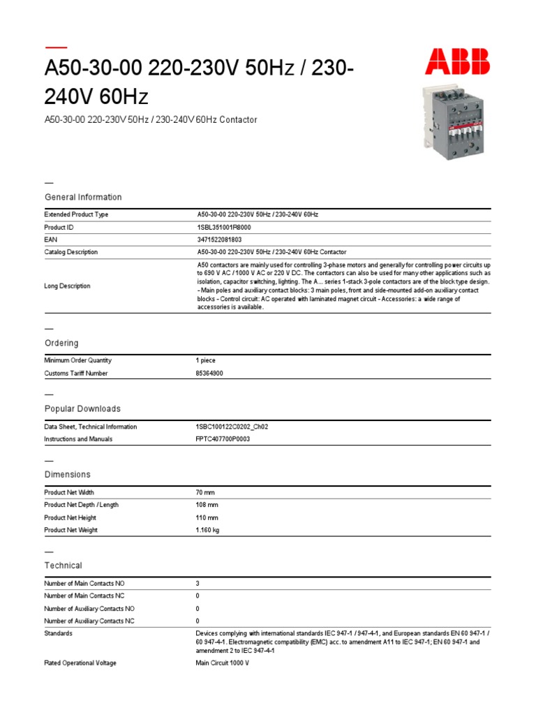 1SBL351001R8000 A50 30 00 220 230v 50hz 230 240v 60hz Contactor | PDF ...