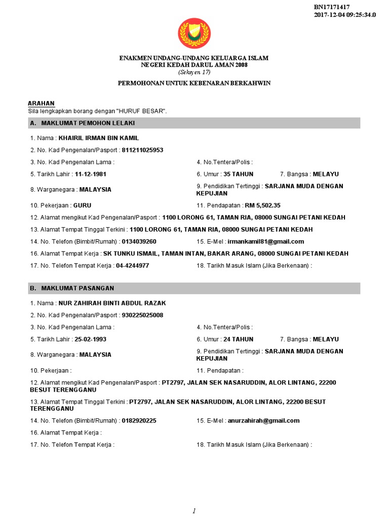 Borang Akad Nikah Kedah Supaloe